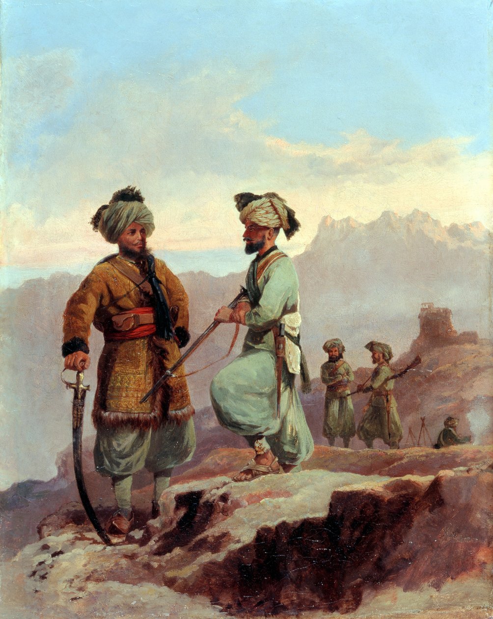 Um piquete, 20o regimento de Punjab da infantaria nativa de Bengal, North West Frontier, c.1868 de Major General Walter Fane