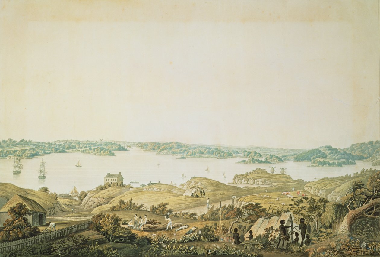 Parte do porto de Port Jackson e do país entre Sydney e as Montanhas Azuis, Nova Gales do Sul, seção direita de uma vista panorâmica, c.1821 (aquatint) de Major James Taylor