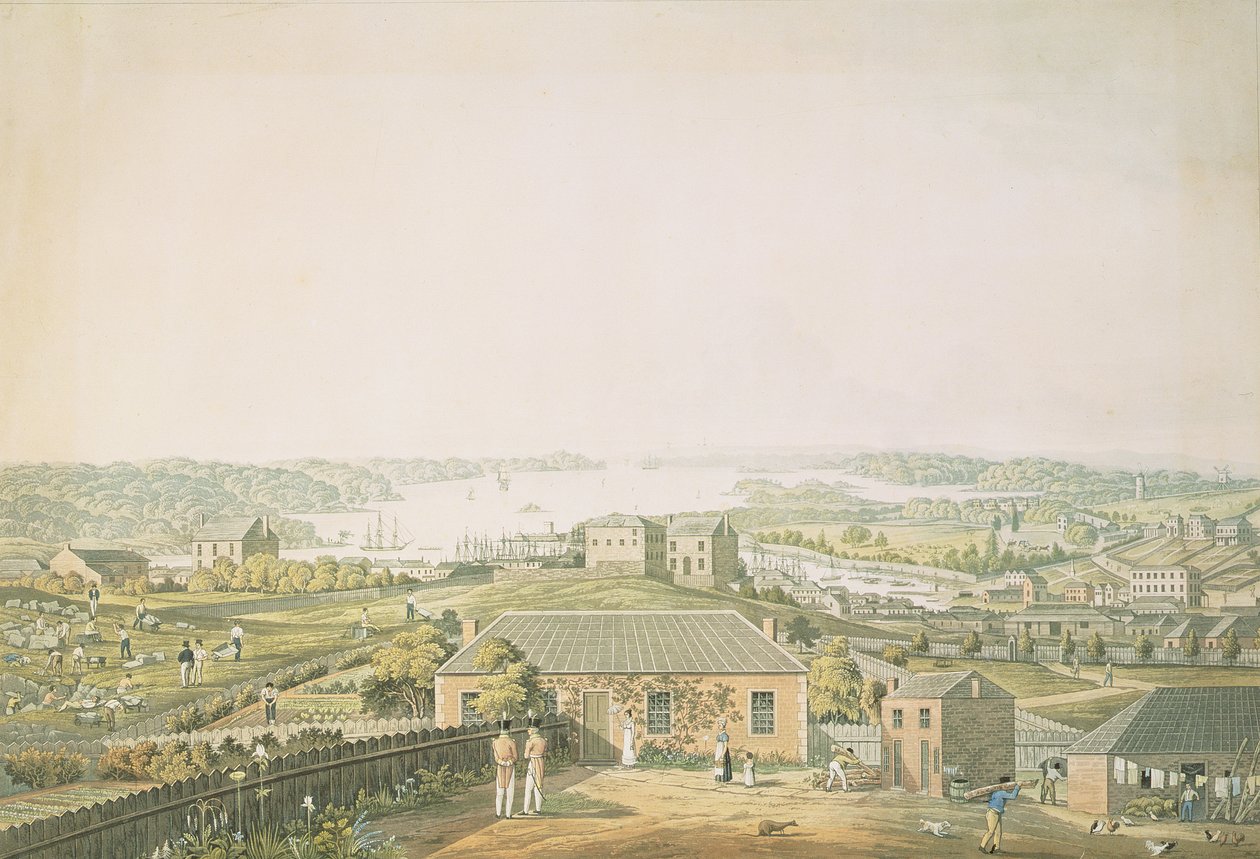 A entrada de Port Jackson, e parte da cidade de Sydney, em New South Wales, deixou a seção de vista panorâmica, c.1821 (aquatint) de Major James Taylor