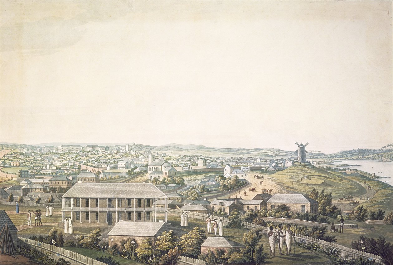 A, cidade, de, sydney, em, novo gales sul, seção central, de, um, vista panoramic, c.1821, (aquatint) de Major James Taylor