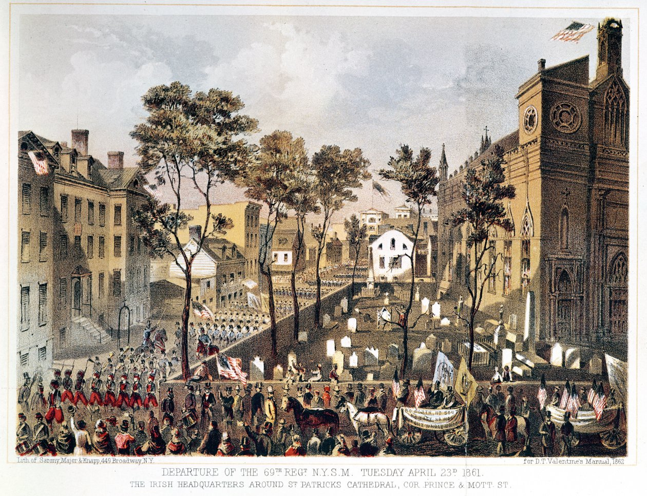 Partida do 69º Regimento, NYSM, 23 de abril de 1861, a sede da Irlanda em torno da Catedral de St. Patrick, esquina da Prince and Mott Street, em Nova York de Major and Knapp Sarony