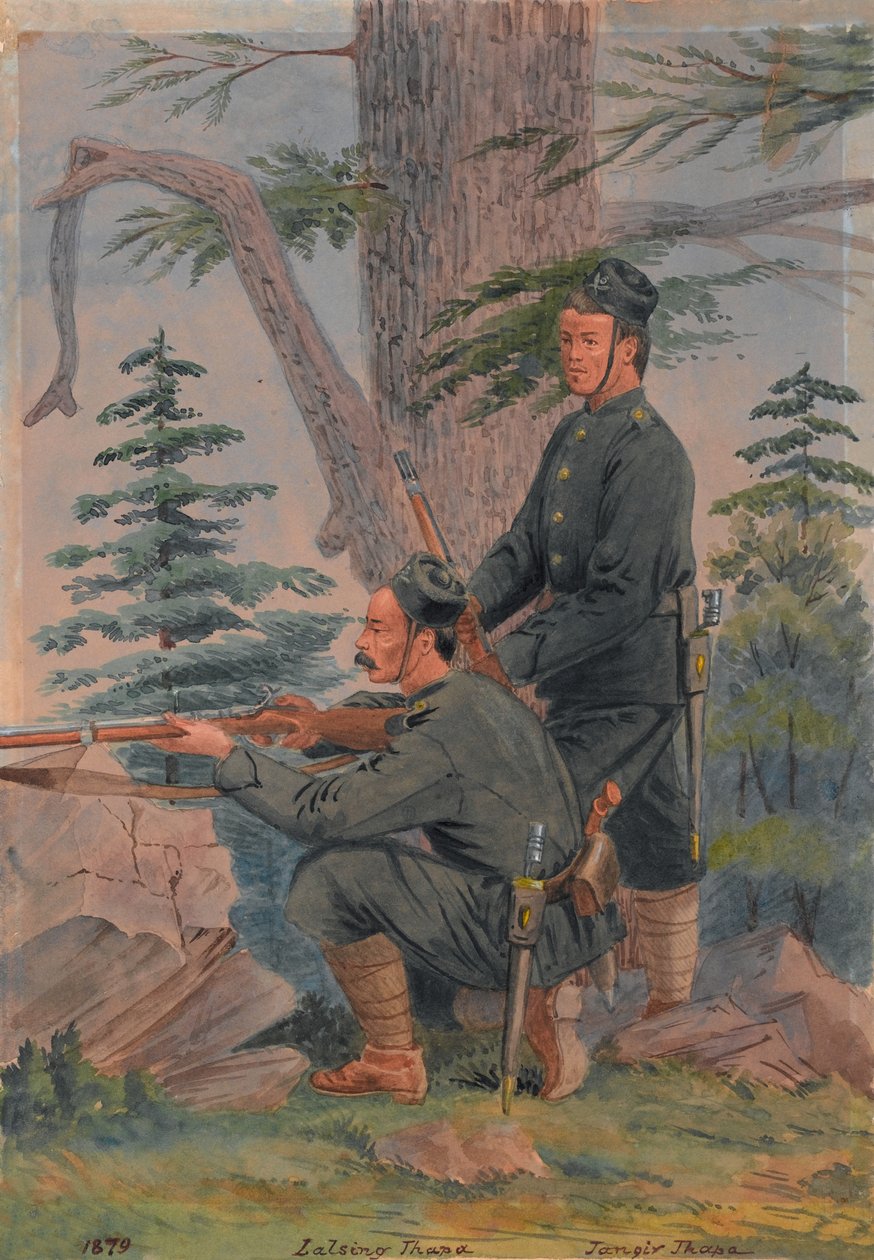 Lalsing Thapa e Jangir Thapa do 5º Regimento de Goorkha, Peiwar Kotal, Afeganistão de Major General R.G. Woodthorpe