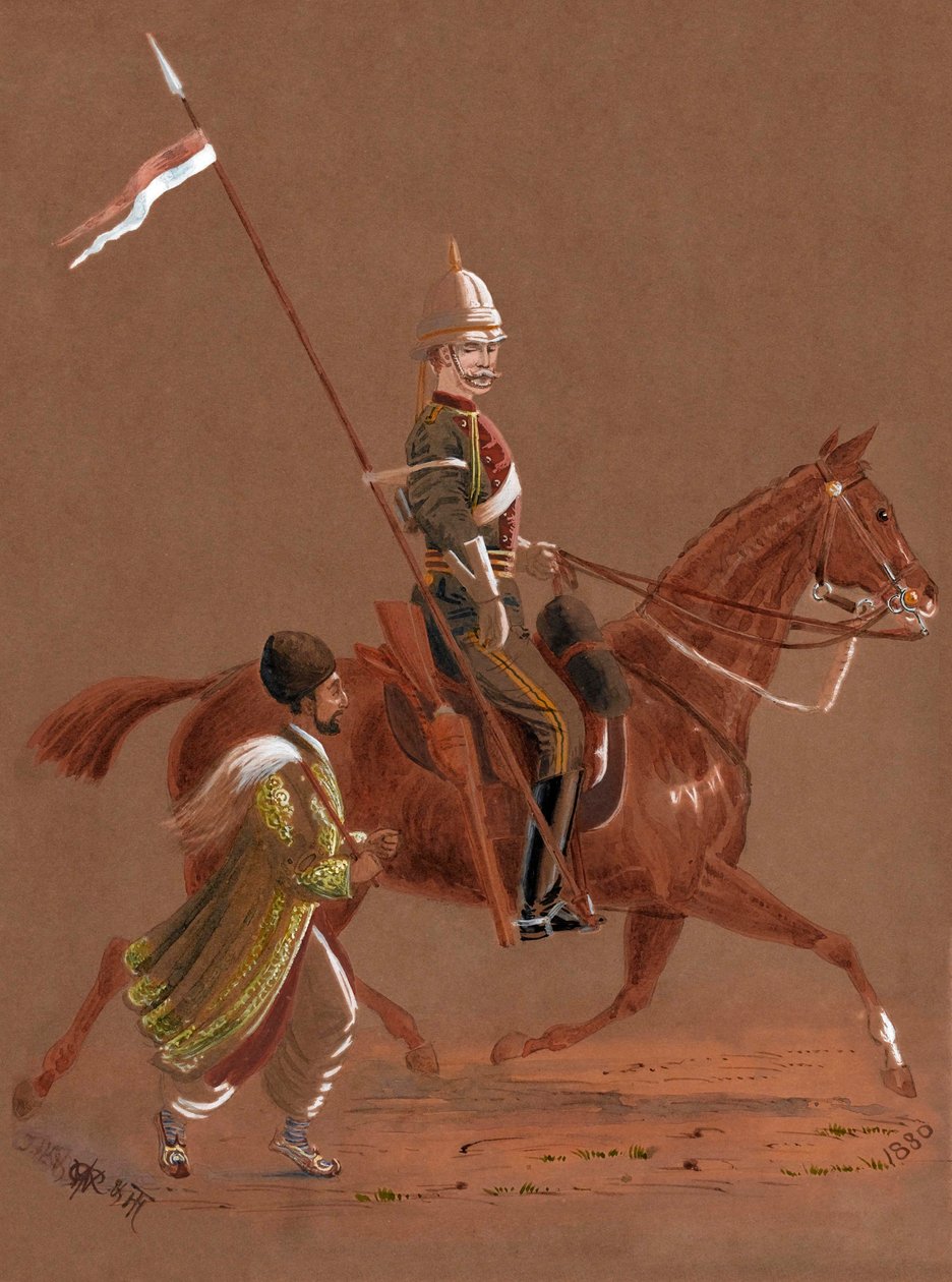 Soldado do 9º Lanceiro a cavalo, com um soldado afegão a correr ao lado do seu cavalo. de Major General R.G. Woodthorpe