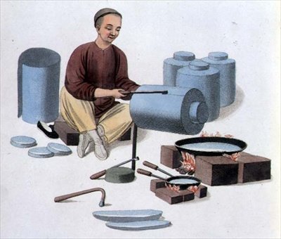 Um fabricante de latas, placa 53 de "The Costumes of China", gravada por J. Dadley de Major George Henry Mason