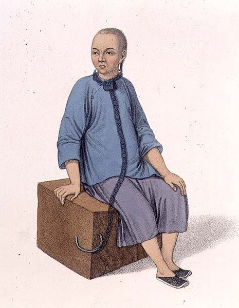 Um Homem Amarrado a um Grande Bloco de Madeira, placa 14 de "Os Castigos da China", gravada por J. Dadley de Major George Henry Mason