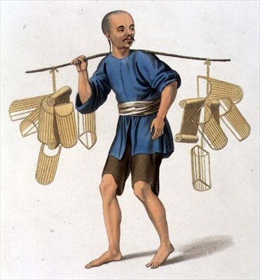 Um Vendedor de Travesseiros, placa 33 de "The Costume of China", gravada por J. Dadley de Major George Henry Mason
