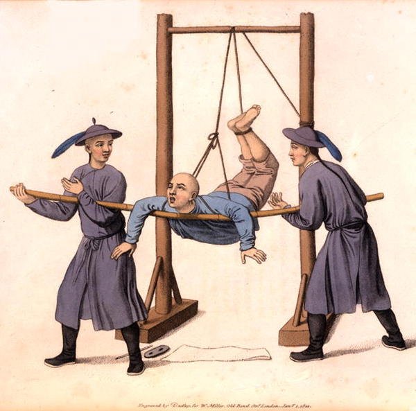 Punição do Swing, placa 6 de "The Punishments of China", gravada por J. Dadley de Major George Henry Mason