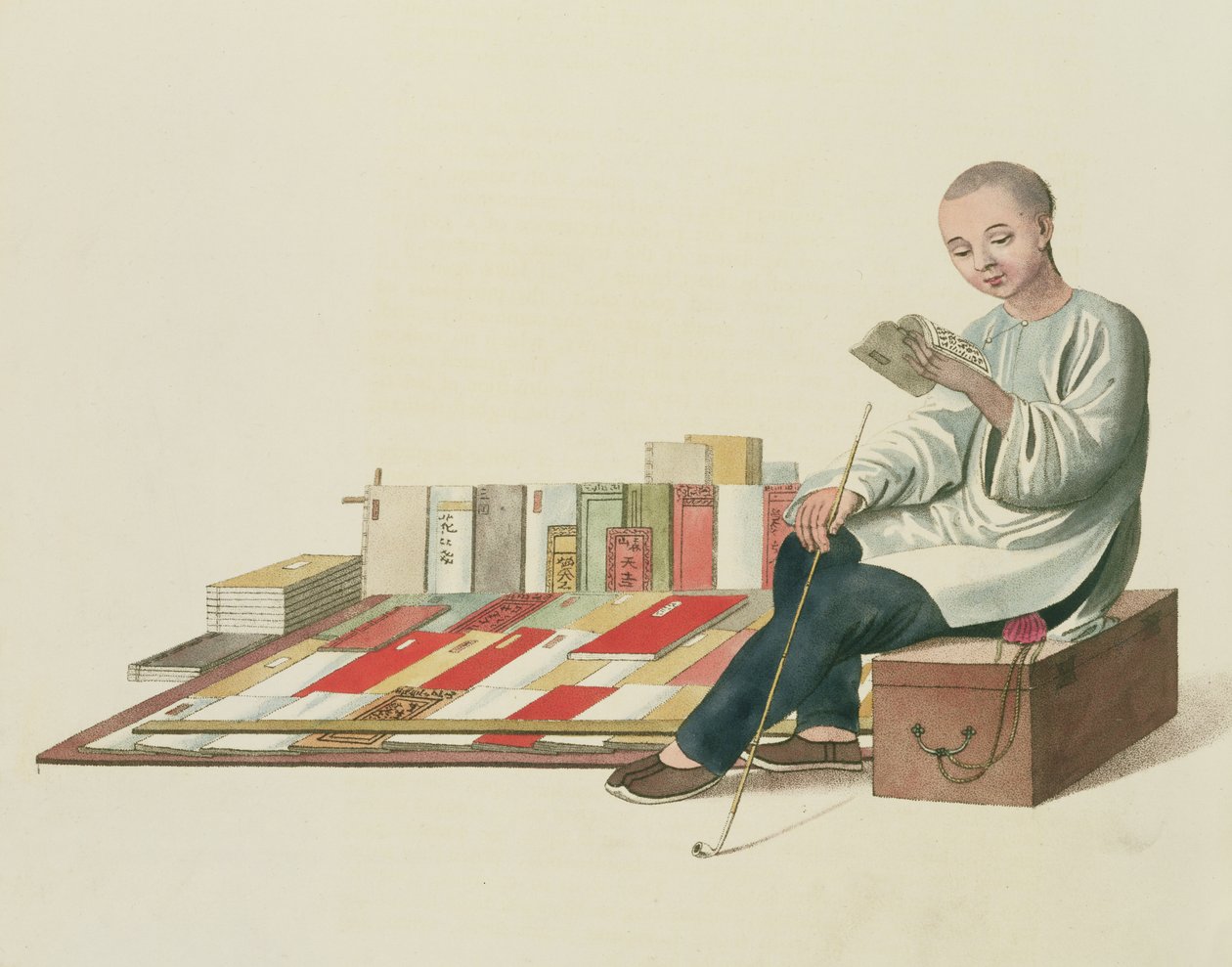 Um livreiro, prato 6 de "O traje da China", gravado por J. Dadley, 1800 de Major George Henry Mason