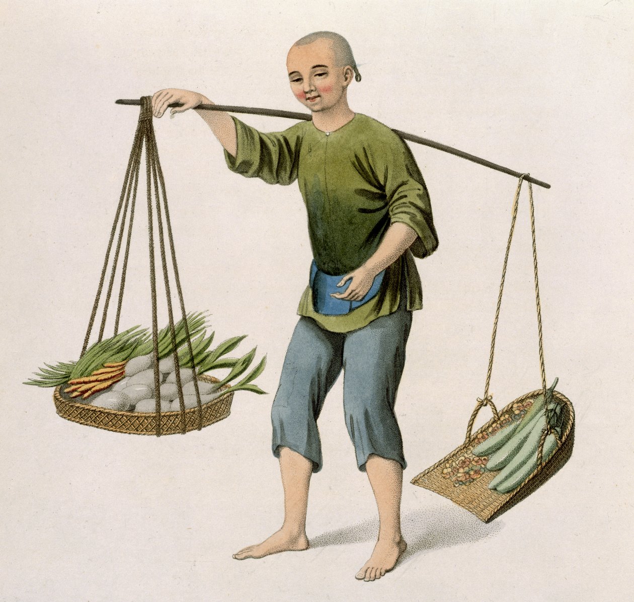 Um menino com legumes, placa 54 de &39;Os trajes da China&39;, gravada por J. Dadley, 1800 de Major George Henry Mason