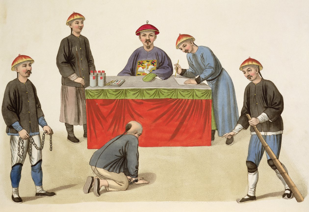 Um culpado perante um magistrado, placa 1 de "As punições da China", gravado por J. Dadley, 1804 de Major George Henry Mason