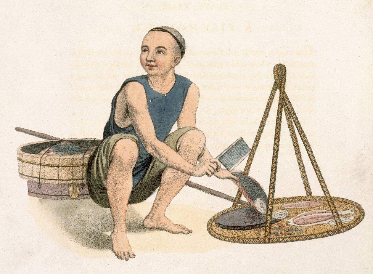 Peixeiro, placa 39 de &39;Os trajes da China&39;, gravada por J. Dadley, 1800 de Major George Henry Mason
