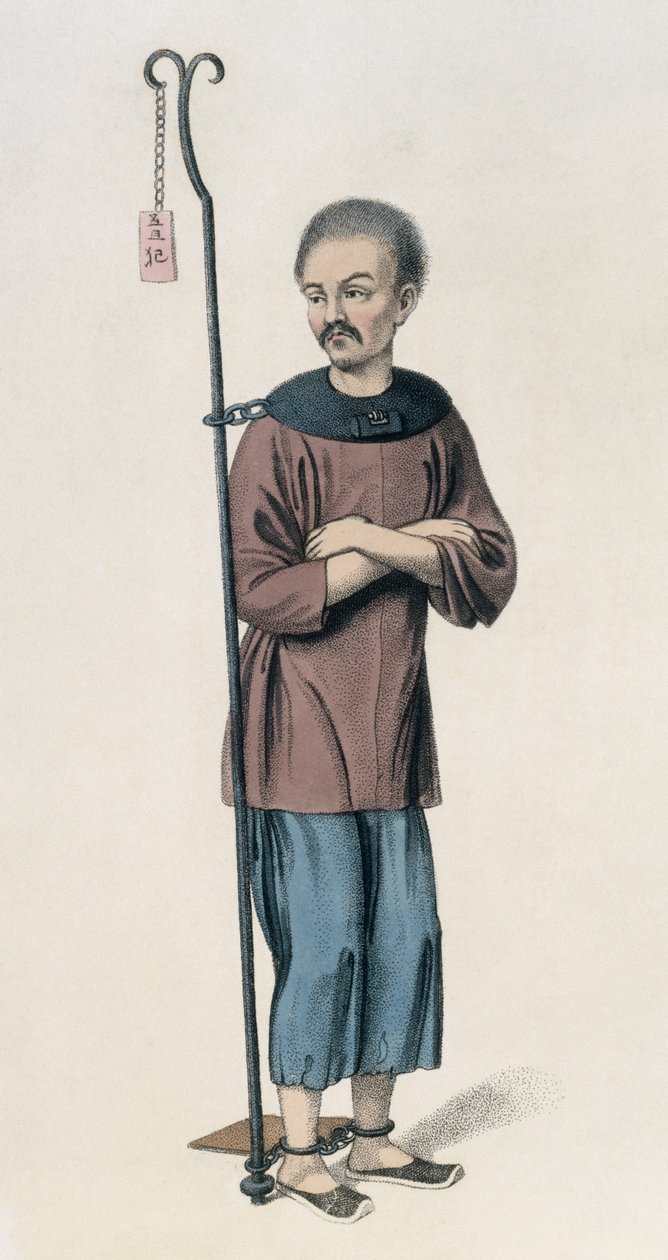 Um malefator acorrentado a uma barra de ferro, prato 12 de &39;The Punishments of China&39;, gravado por J. Dadley, 1804 de Major George Henry Mason