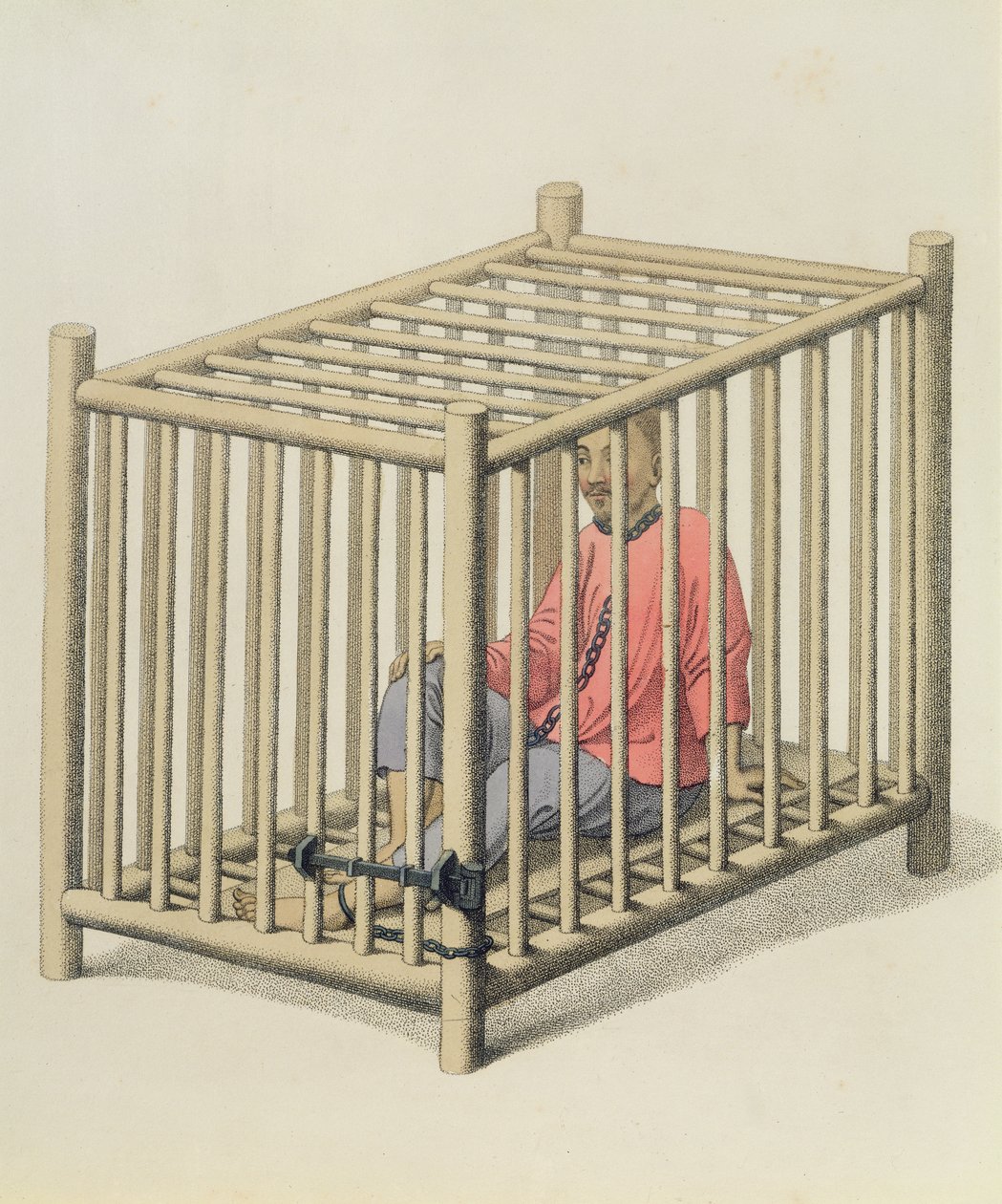 Um malfeitor em uma gaiola, placa 15 de &39;The Punishments of China&39;, gravada por J. Dadley, 1804 de Major George Henry Mason