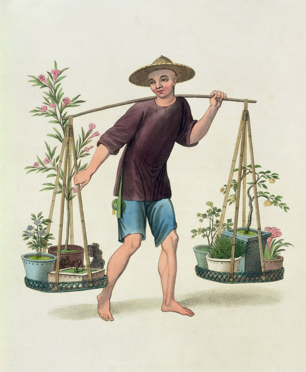 Um porteiro com árvores frutíferas e flores, prato 16 de &39;O traje da China&39;, gravado por J. Dadley, 1800 de Major George Henry Mason