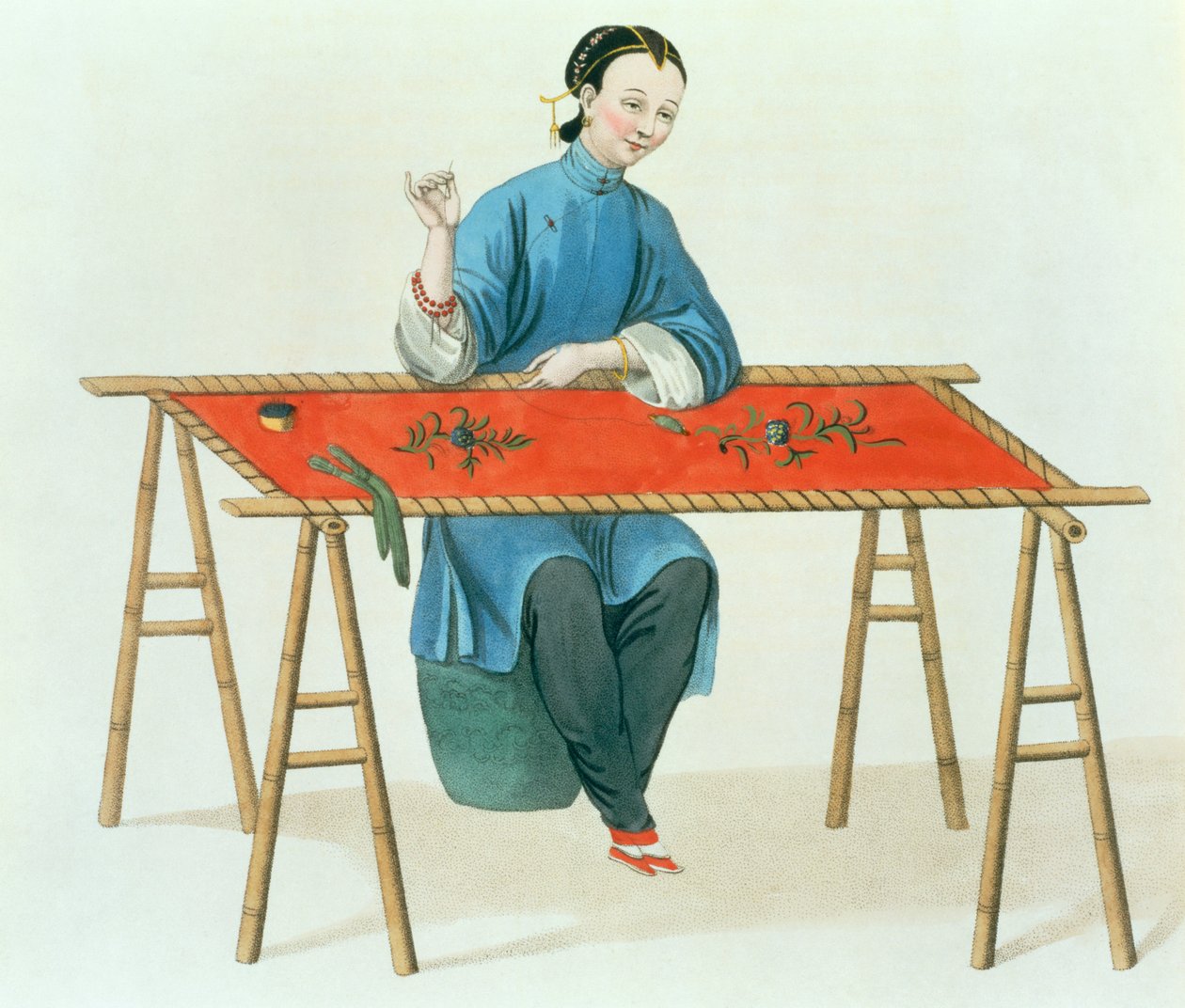 Uma mulher bordando, prato 41 de &39;O traje da China&39;, gravado por J. Dadley, 1800 de Major George Henry Mason
