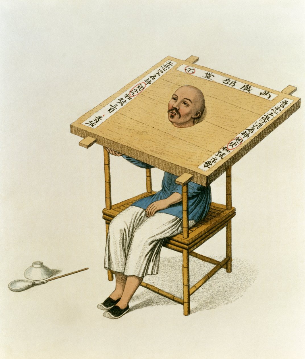 A punição do colarinho de madeira, placa 13 de "As punições da China", gravada por J. Dadley, 1804 de Major George Henry Mason