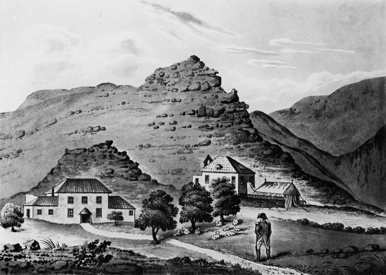 Napoleão enfrentando &39;The Briars&39;, lar da família Balcombe que forneceu acomodação para Napoleão em Santa Helena de 19 de outubro a 10 de dezembro de 1815, 1816 de Major Ludovick Stewart