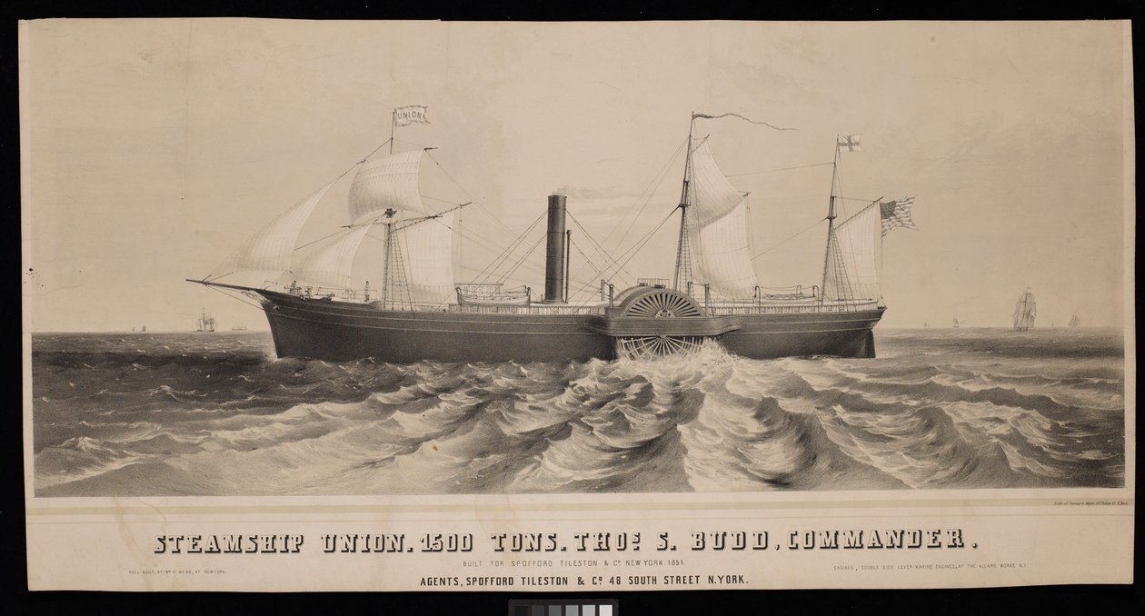 Navio a vapor Union. 1500 Toneladas, Thos S. Budd, Comandante. Construído para Spofford Tileston  Co 1851 de Major and Knapp Sarony