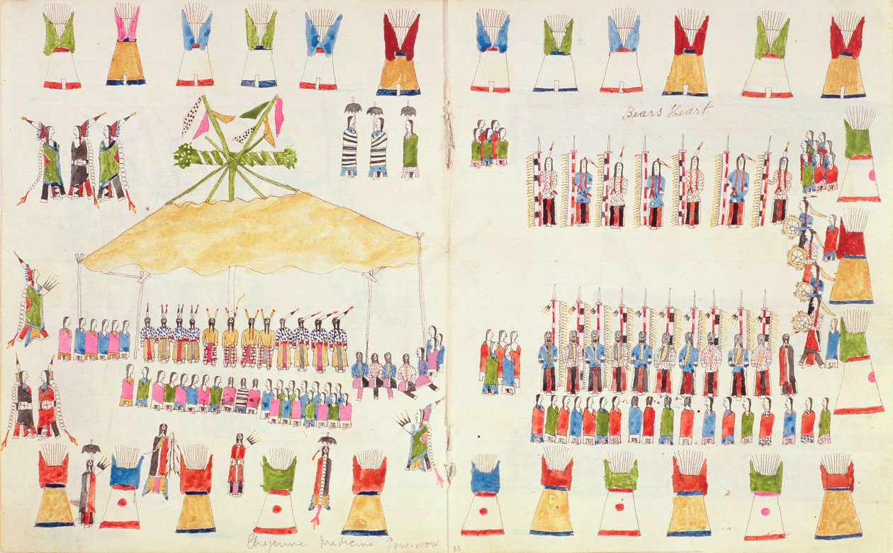 Coração do urso. Cheyenne Medicine pow-wow, de um livro de esboços feitos em Fort Marion, St. Augustine, Flórida, 1877 de Making Medicine