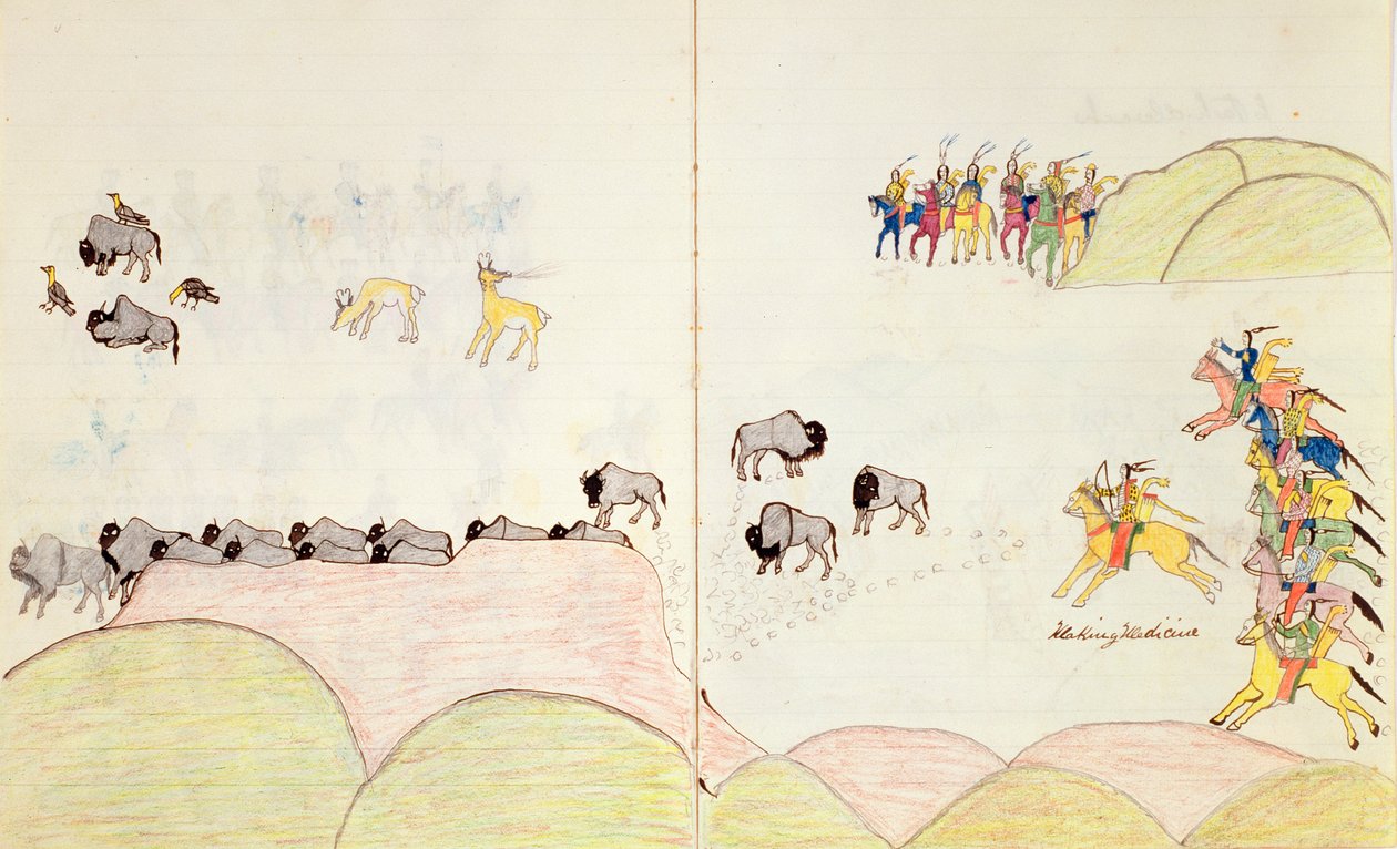 Native American Buffalo Hunt, de um livro de esboços feitos em Fort Marion, St. Augustine, Flórida, 1877 de Making Medicine