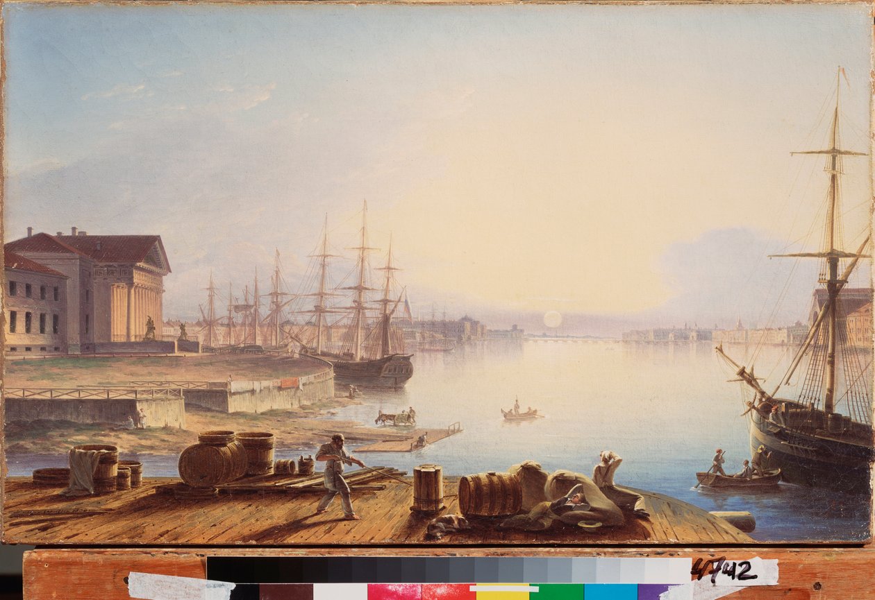 Nascer do Sol sobre o Neva em São Petersburgo - Pintura de Maxim Nikiphorovich Vorobyev (Vorobiev) (1787-1855), óleo sobre tela de Maksim Nikiforovich Vorobiev