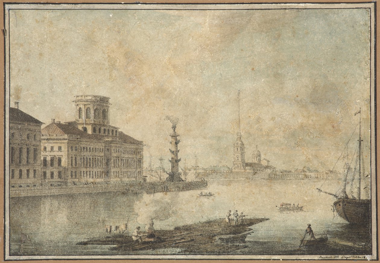 Vista do Neva e da Academia de Ciências - Maxim Nikiphorovich Vorobyev (1787-1855). Caneta, pincel, aguarela, tinta sobre papel, final dos anos 1820 - início dos anos 1830. Museu Estadual de História de São Petersburgo de Maksim Nikiforovich Vorobiev