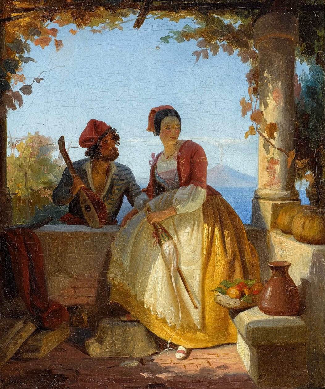 Casal apaixonado em Sorrento, ao fundo Monte Vesúvio de Maksymilian Antoni Piotrowski