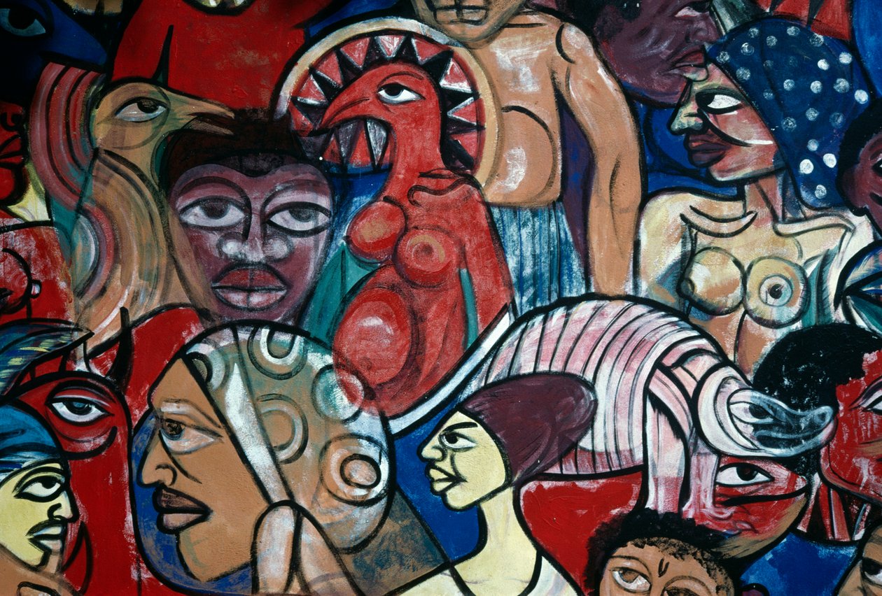 Rostos, mural no jardim do Museu de História Natural de Maputo, de Malangatana Valente Ngwenya (1936-2011), Moçambique, século XX de Malangatana Valente Ngwenya
