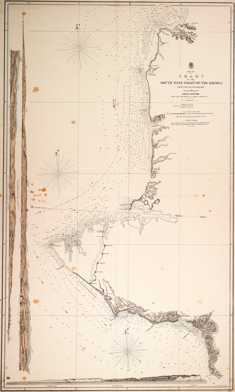 Mar Negro, carta da costa sudoeste da Krimea do Cabo Aia à Baía de Alma. Pelos oficiais do H.M.S.V. Spitfire. de Malby Malby