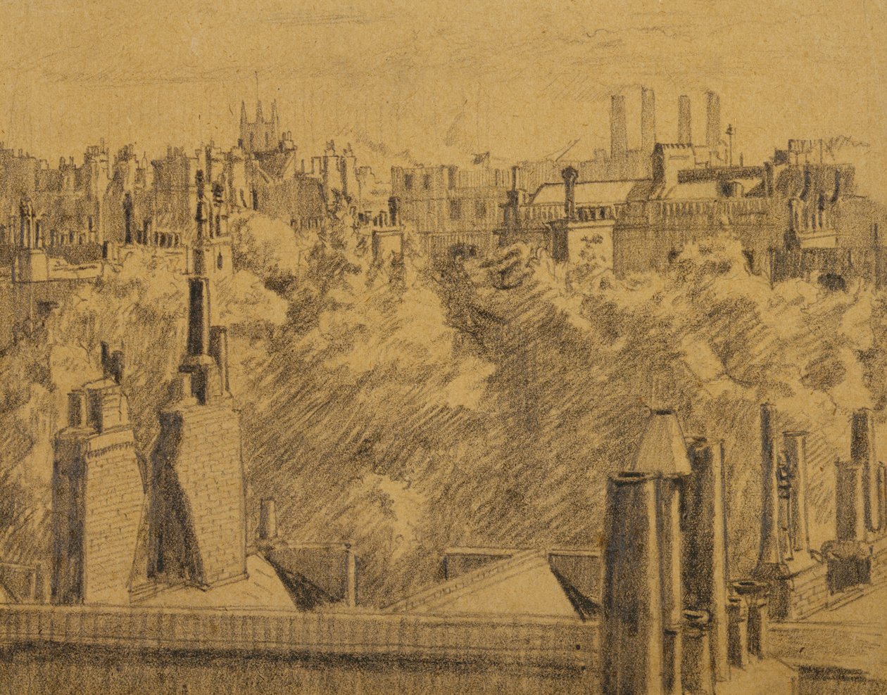 Telhados de Londres, c.1914 (grafite sobre papel colocado no cartão) de Malcolm Drummond