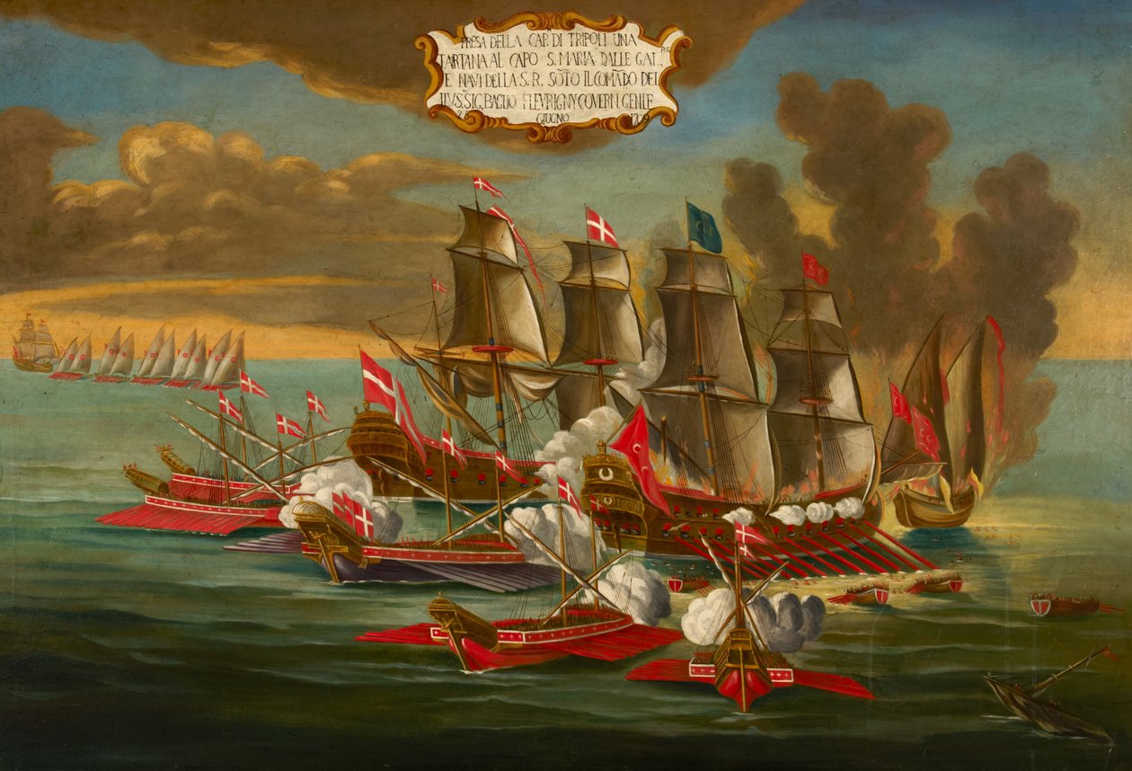 Captura de um navio turco por Galeras e Navios da Ordem sob o Comando de Fleurigny, ao largo de Trípoli (óleo sobre tela) de Maltese School