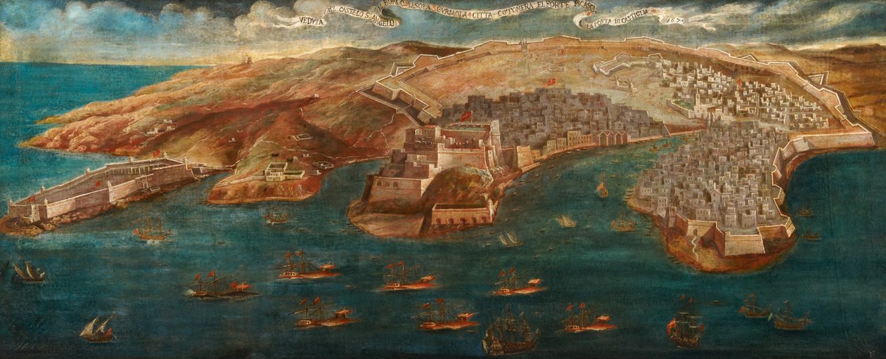 Vista de Fort Ricasoli, Castelo St Angelo, LIsola e as linhas de Cotonera de Valletta, 1679 de Maltese School