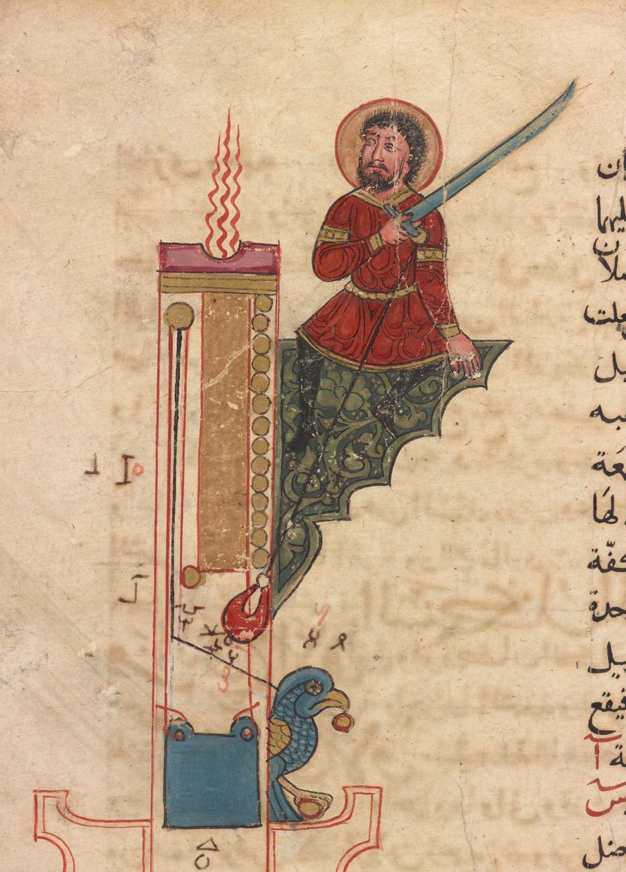 Um relógio de velas, fólio de Kitab fi ma`arifat al-hiyal al-handisaya (O livro do conhecimento de engenhosos dispositivos mecânicos) Automata by al-Jazari (d. 1206) (tinta, aguarela opaca e ouro sobre papel) de Mamluk Sultanate school