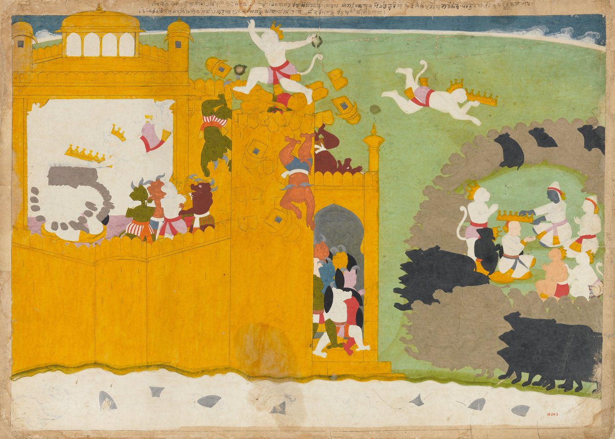 O líder dos macacos Angada rouba a coroa de Ravanas de sua fortaleza ..., ca. 1725 de Manaku