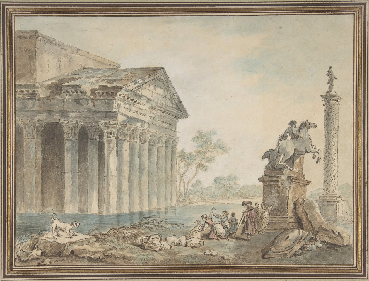 Capricho Arquitetônico com Monumentos Romanos e Lavadeiras, s.d.. de Manner of Hubert Robert