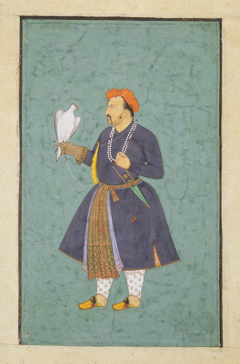Retrato de Jahangir segurando um Falcão, c.1600-10 (wc e ouro no papel) de Manohar attr. to Manohar attr. to