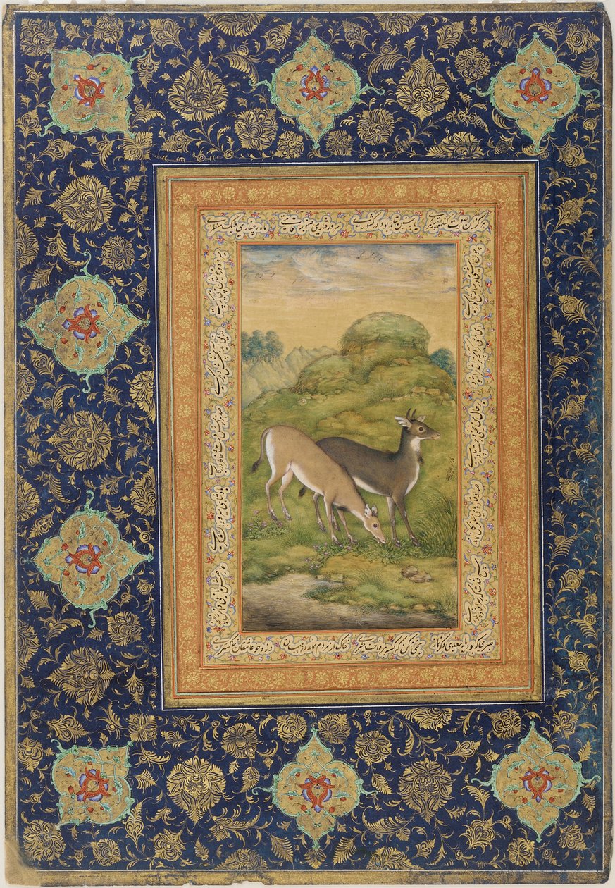 Dois cervos em uma paisagem, Escola de Jahandir (cor e ouro sobre papel) de Mansur