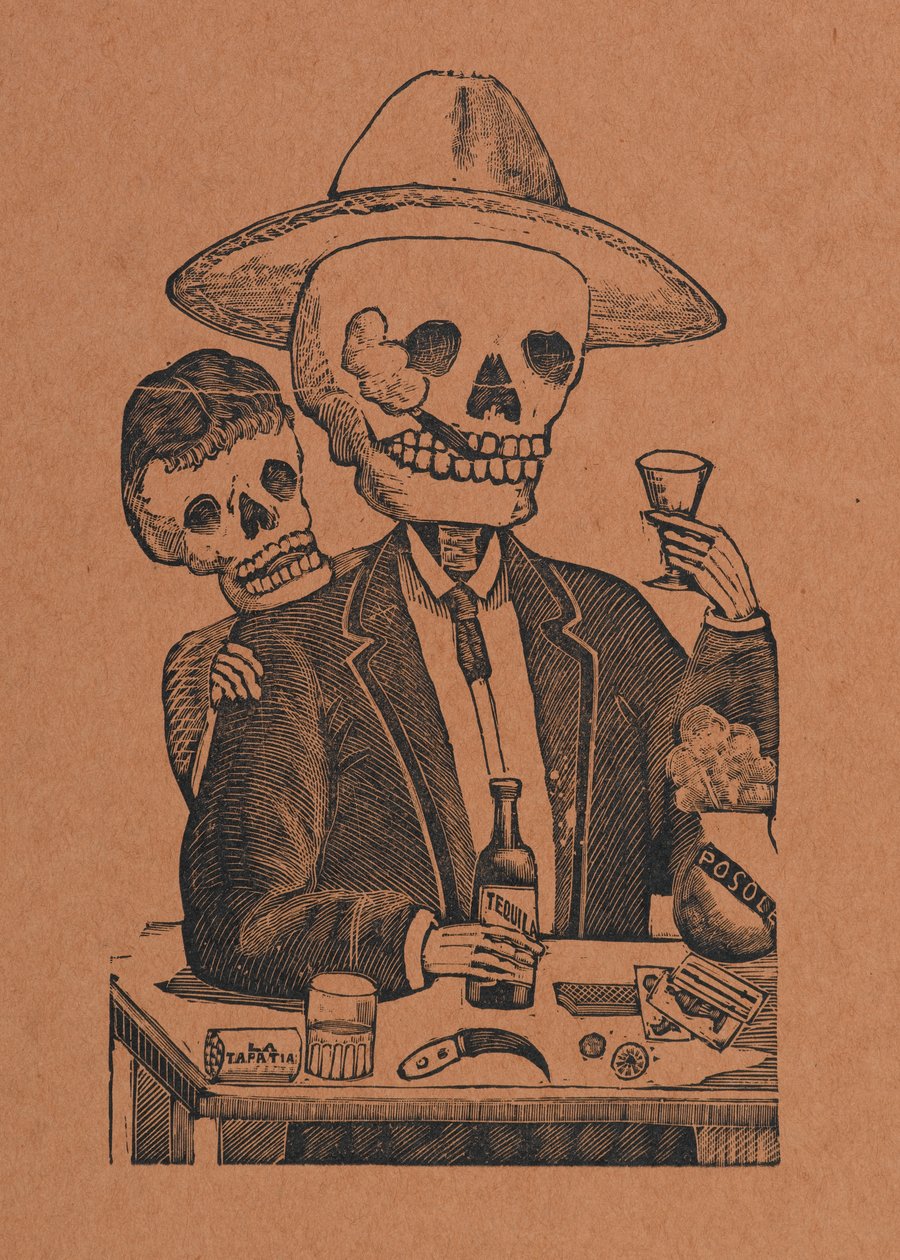 Figura esqueleto em um bar, de 330 Grabados Originales, impresso por Antonio Vanegas Arroyo (1850-1917), Cidade do México, México (gravura em relevo) de Manuel Manilla
