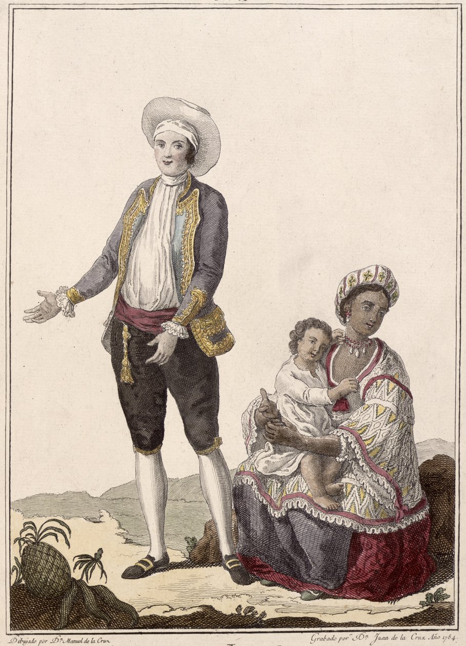 Um espanhol e sua esposa indiana, gravada por Juan de la Cruz, 1784 gravura colorida de Manuel de la Cruz y Cano
