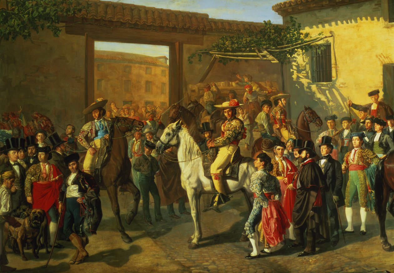 Cavalos em um pátio pela praça de touros antes da tourada, Madrid, 1853 (detalhe) de Manuel Castellano