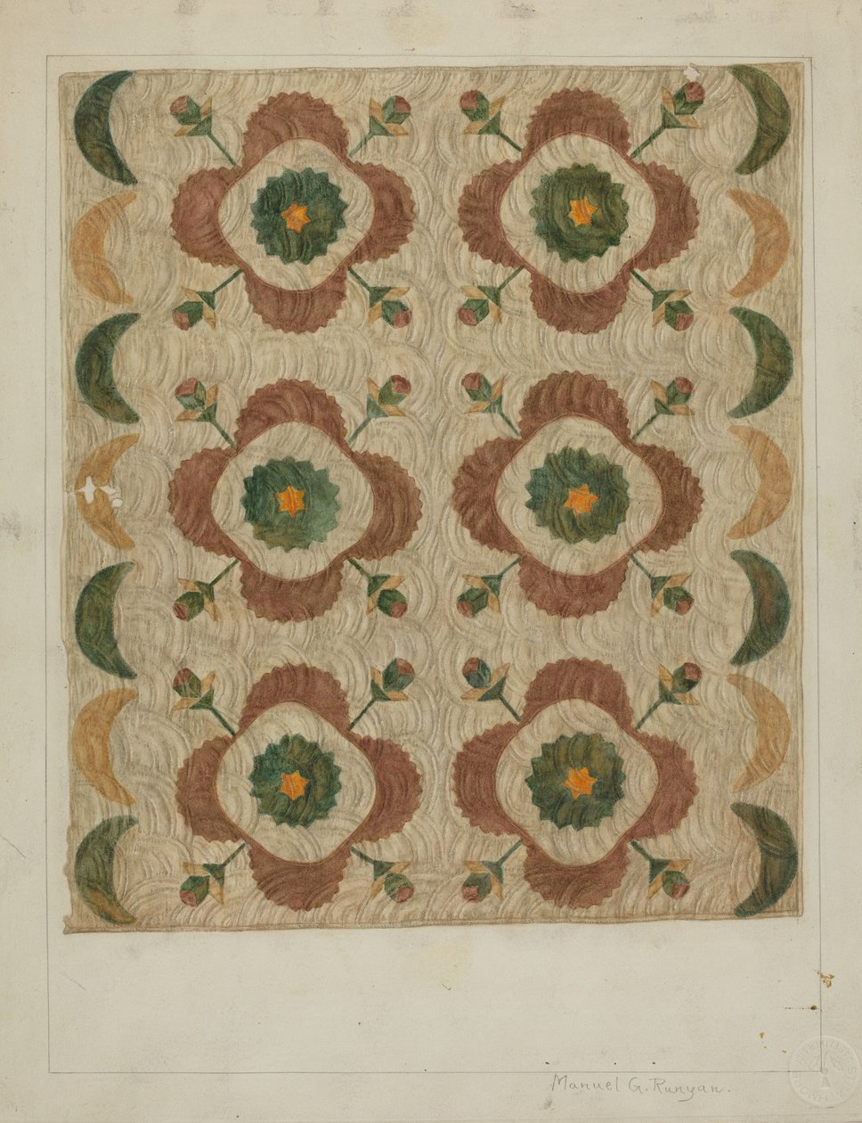 Applique e Quilted Coverlet, 19351942. de Manuel G. Runyan