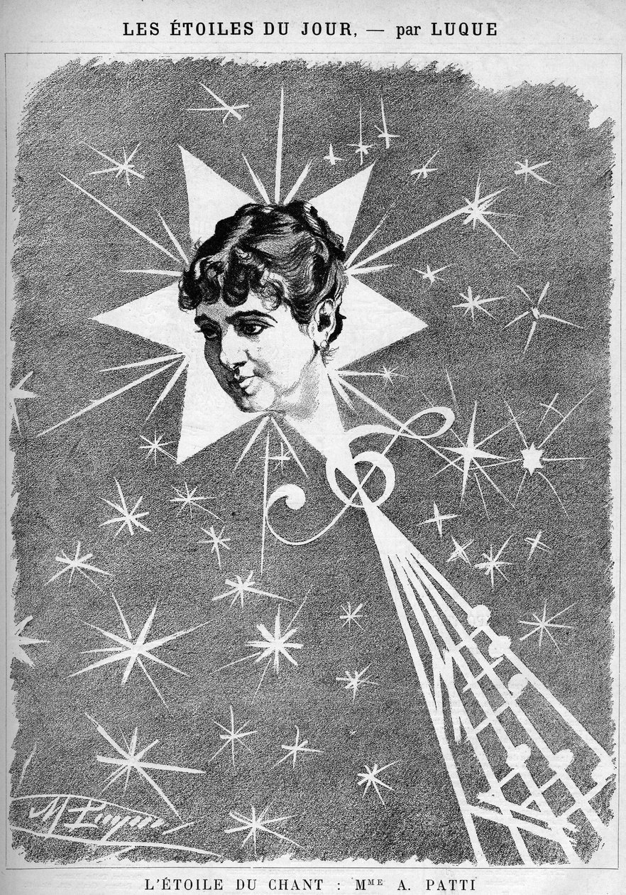 Adelina Patti (1843-1919), cantora italiana. "A estrela do canto", cartoon do cartunista Manuel Luque. Em "O desenho animado", de 1886. de Manuel Luque
