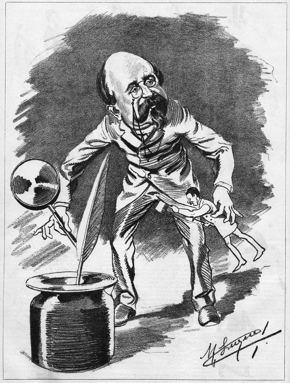 Edmond Gondinet (1828-1888) dramaturgo francês. Desenho animado do cartunista Manuel Luque. Em "O Desenho Animado" de 1886. de Manuel Luque