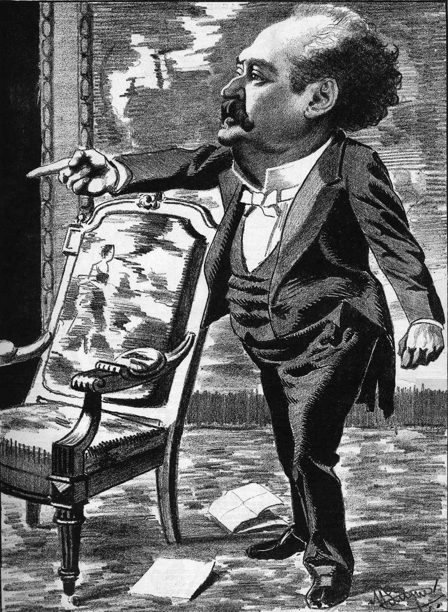 Jose Dupuis (1831-1900), ator, comediante de fantasia. Desenho animado do cartunista Manuel Luque. Em "O Desenho animado" de 1886. de Manuel Luque