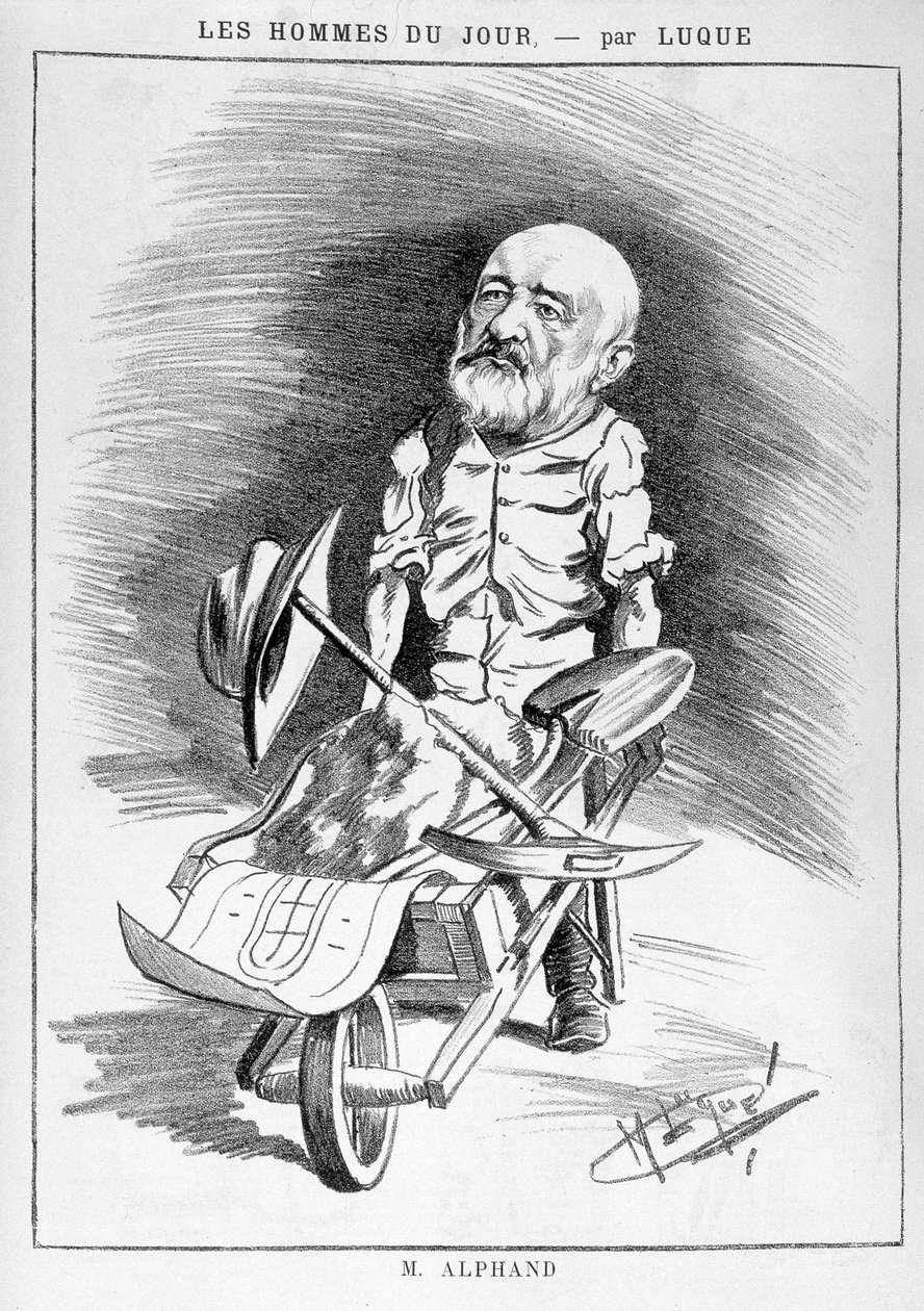 Transformações de Paris sob o Segundo Império, Haussmann Paris: desenho humorístico retratando Jean Charles Adolphe Alphand (1817-1891), engenheiro. Ele participou da renovação de Paris liderada pelo Barão Haussmann entre 1852 e 1870. Gravura em "Les h de Manuel Luque