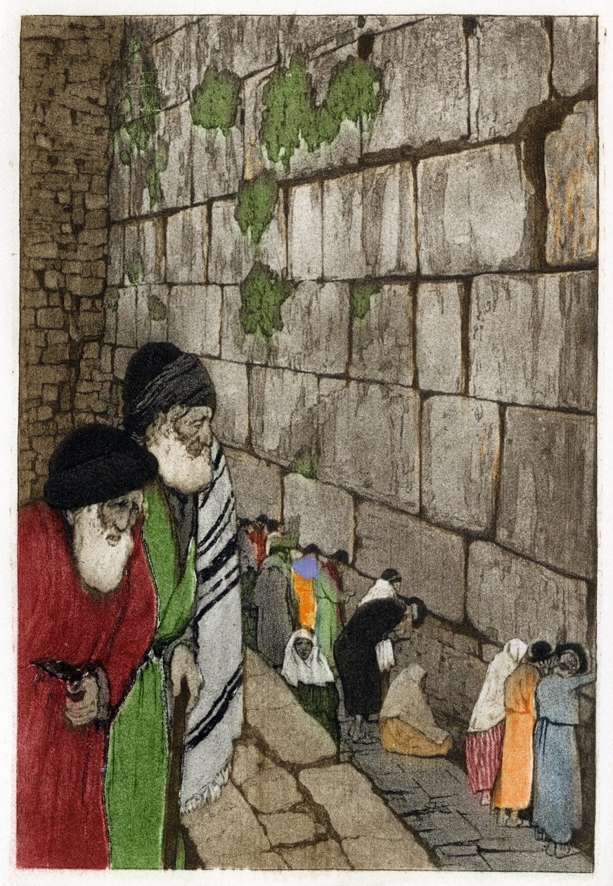 Judeus em frente ao Muro das Lamentações, o único remanescente do Templo de Jerusalém construído pelo Rei Salomão em -950. Gravura de Manuel Orazzi (1860-1934), em "L