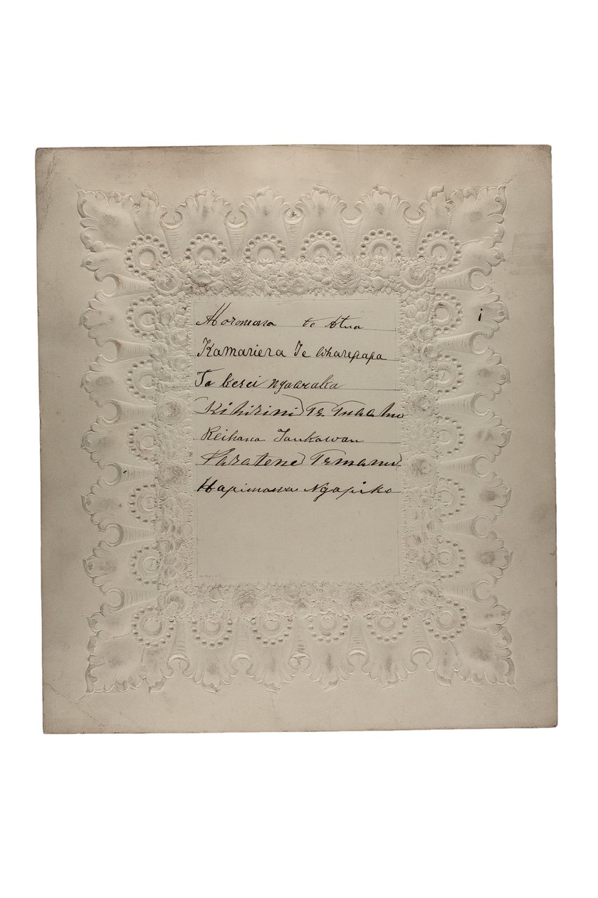 Autógrafos de visitantes maoris à Inglaterra, 1863 (caneta e tinta em papel relevo) de Maori