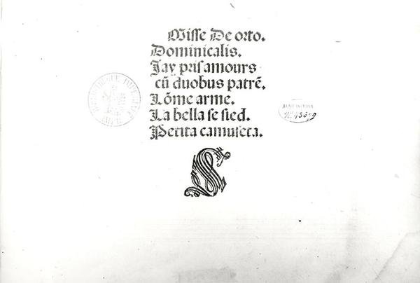 Página de título de uma missa pública realizada em Veneza, impressa por Ottaviano Petrucci (1466-1539). 1505 de Marbriano de Orto