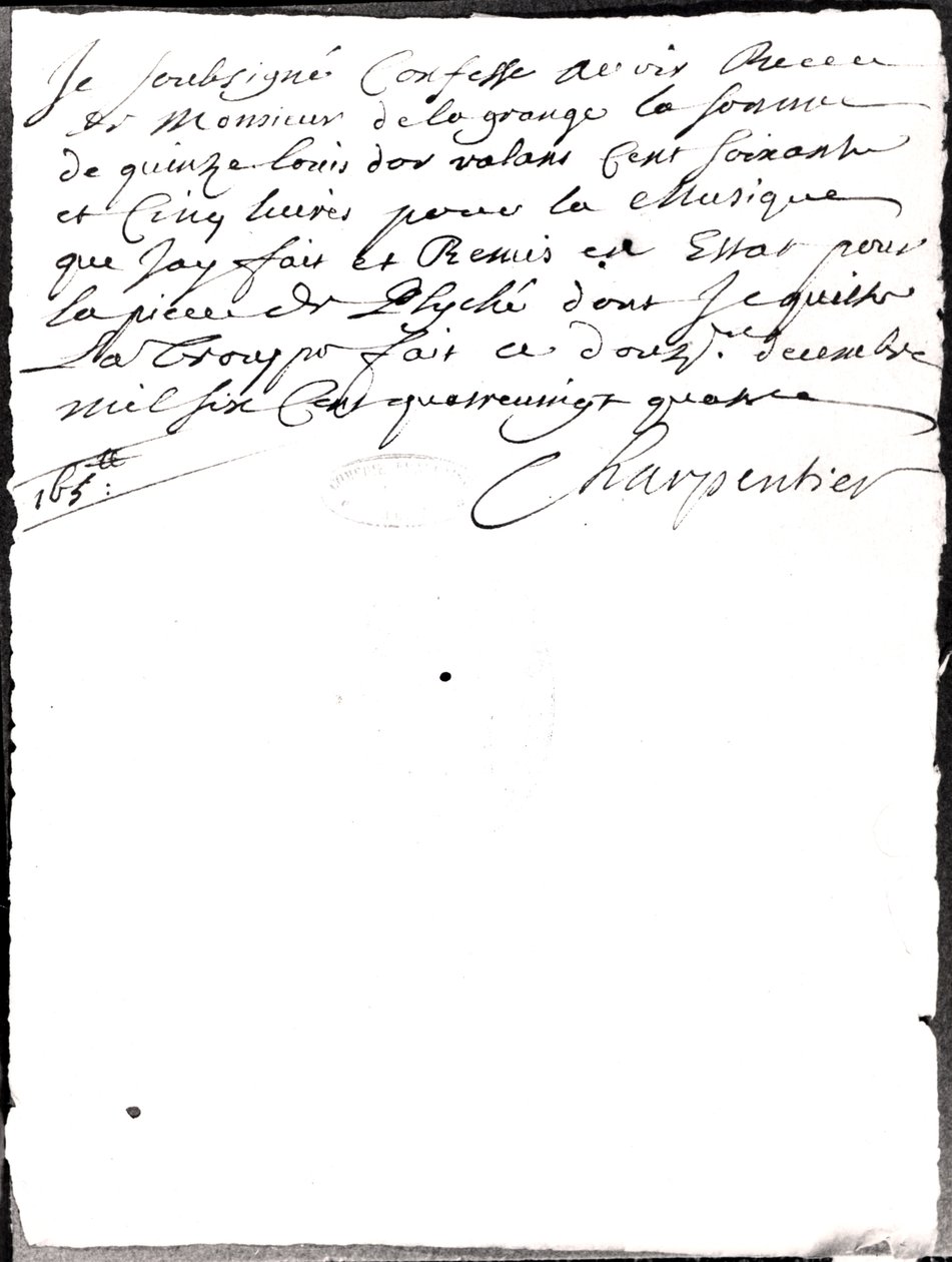 Carta sobre a música composta por Charpentier for Psyche por Moliere (1622-73) 1684 (foto bw) de Marc Antoine Charpentier