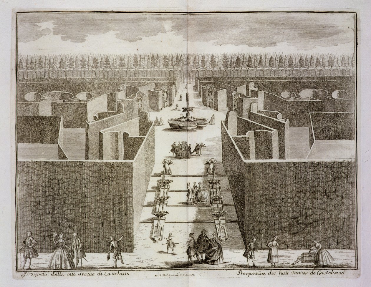 Vista das oito estátuas de Castellazzo no labirinto topiary, de "As delícias da Villa Castellazzo" por Domenico Felice Leonardi, publicado 1743 de Marc